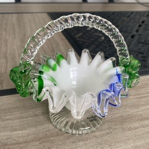 VINTAGE HANDCRAFTED GLASS HANDLED BASKET WITH FLOWER ACCENTS